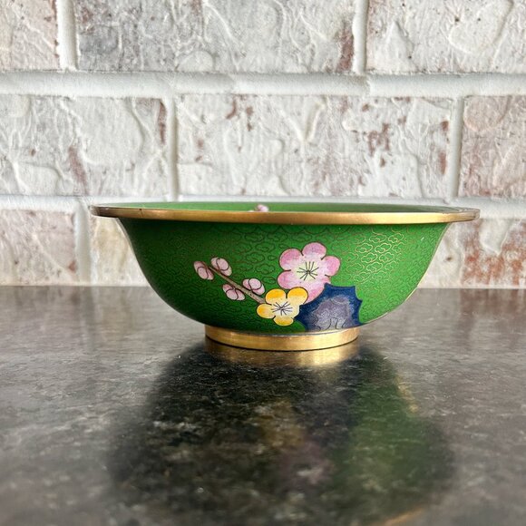 Vintage Japanese Style Enamel Cherry Blossom Flower Bowl, Brass bowl